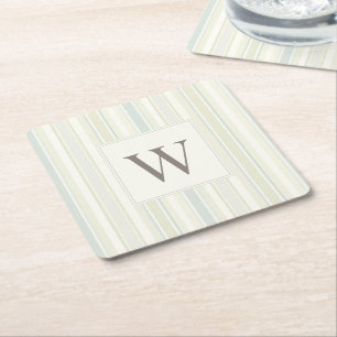 Initial Neutral Dusty Blue Stripe Rustic Farmhouse Square Paper Coaster