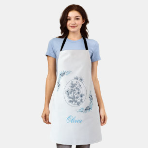 Initial "O" Blue Monogram Calm Floral Apron
