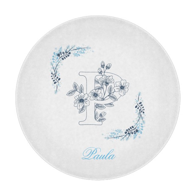 Initial "P" Blue Monogram Calm Floral Cutting Board (Front)