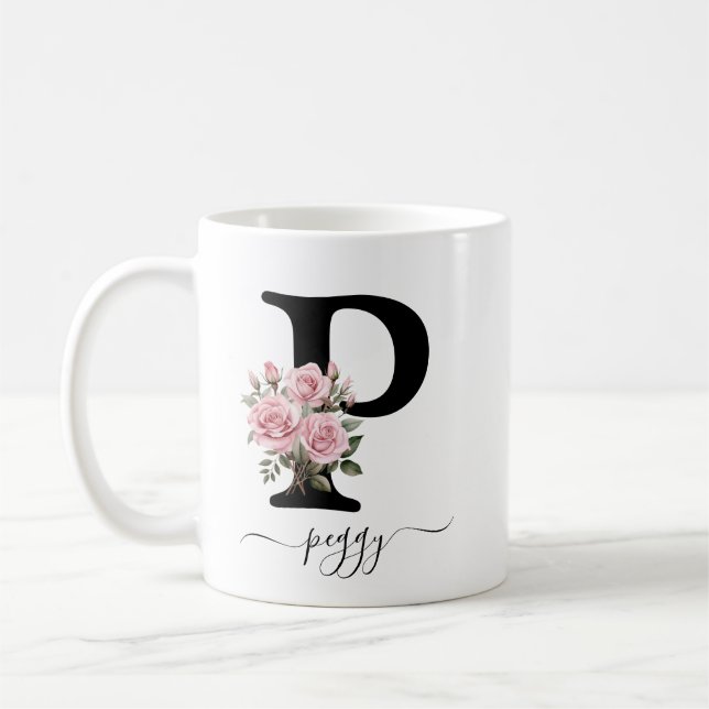 Initial P Monogram Floral Flower Pink Roses Mug (Left)