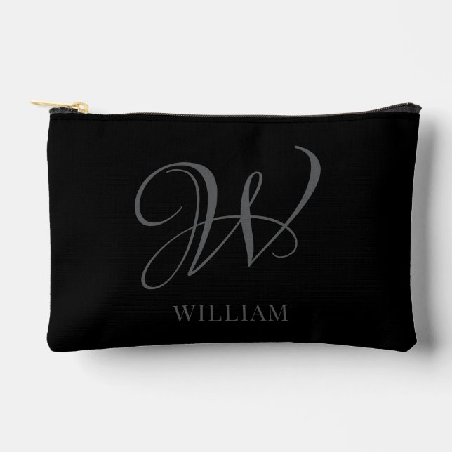 Initial Personalised Elegant Black Grey Monogram  Accessory Pouch (Front)