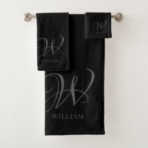 Initial Personalised Elegant Black Grey Monogram Bath Towel Set