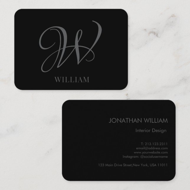 Initial Personalised Elegant Black Grey Monogram  Business Card (Front/Back)
