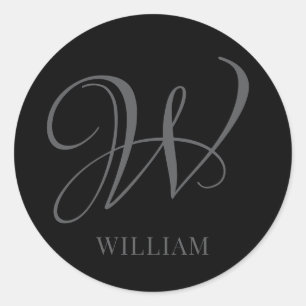 Initial Personalised Elegant Black Grey Monogram  Classic Round Sticker
