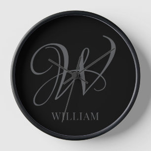 Initial Personalised Elegant Black Grey Monogram  Clock