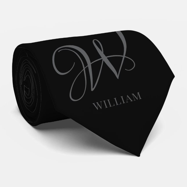 Initial Personalised Elegant Black Grey Monogram  Tie (Rolled)