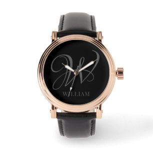Initial Personalised Elegant Black Grey Monogram  Watch