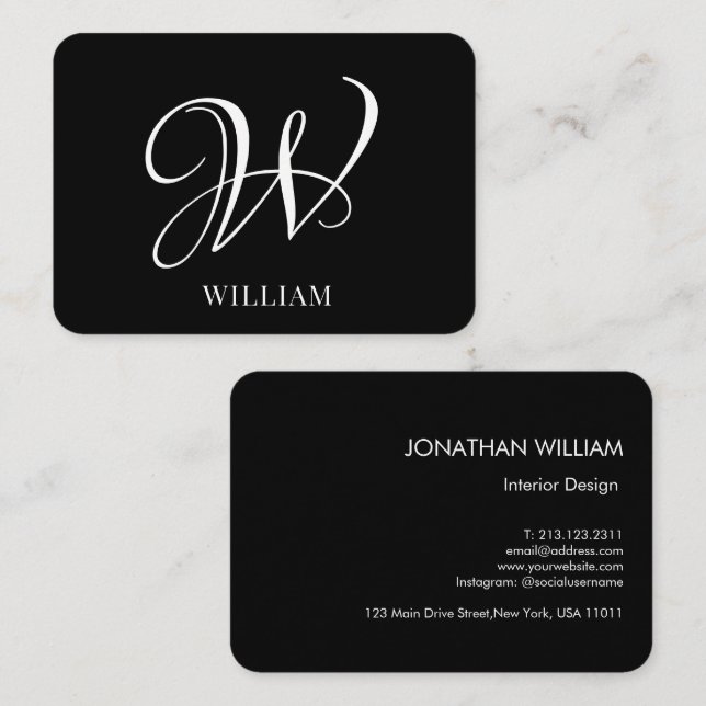 Initial Personalised Elegant Black Monogram  Business Card (Front/Back)