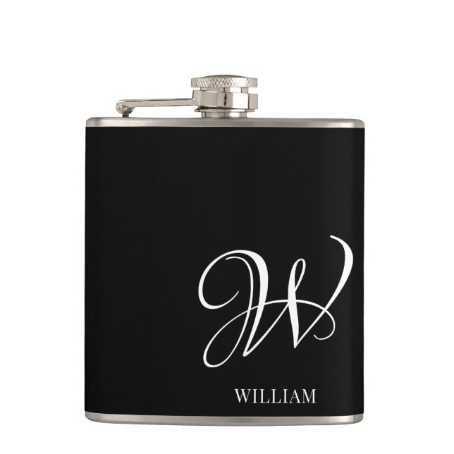Initial Personalised Elegant Black Monogram  Hip Flask (Front)
