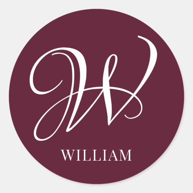 Initial Personalised Elegant Burgundy Monogram  Classic Round Sticker (Front)