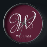 Initial Personalised Elegant Burgundy Monogram  Clock<br><div class="desc">Simple stylish custom initial monogram in modern typography. Perfect custom gift with a personal touch</div>
