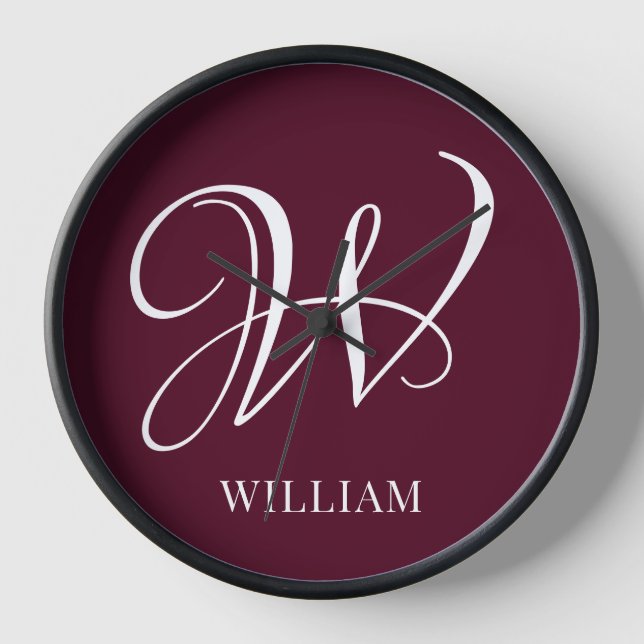 Initial Personalised Elegant Burgundy Monogram  Clock (Front)