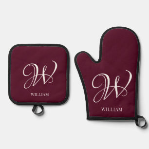 Initial Personalised Elegant Burgundy Monogram  Oven Mitt & Pot Holder Set