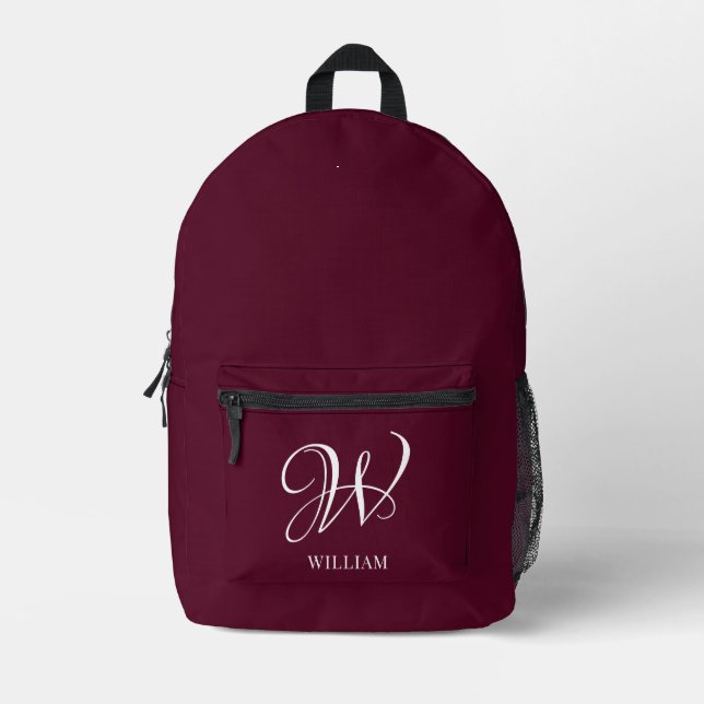 Initial Personalised Elegant Burgundy Monogram  Printed Backpack (Front)