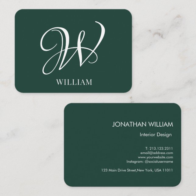 Initial Personalised Elegant Emerald Monogram  Business Card (Front/Back)
