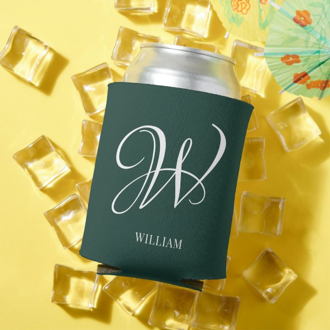 Initial Personalised Elegant Emerald Monogram  Can Cooler (In Situ Summer)