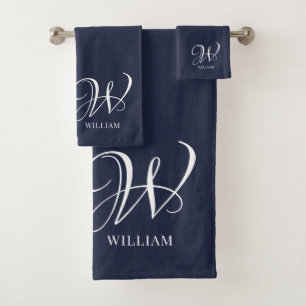 Initial Personalised Elegant Navy Blue Monogram  Bath Towel Set