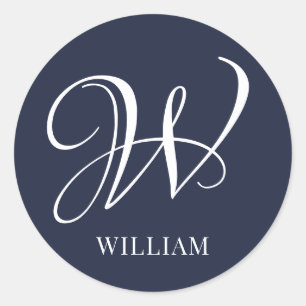 Initial Personalised Elegant Navy Blue Monogram  Classic Round Sticker