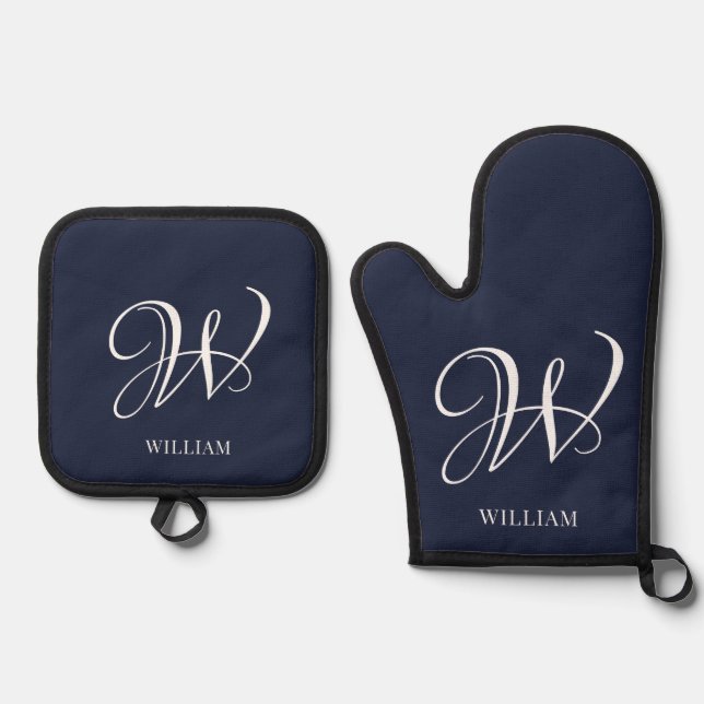 Initial Personalised Elegant Navy Blue Monogram  Oven Mitt & Pot Holder Set (Front)