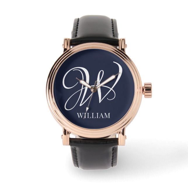 Initial Personalised Elegant Navy Blue Monogram  Watch (Front)