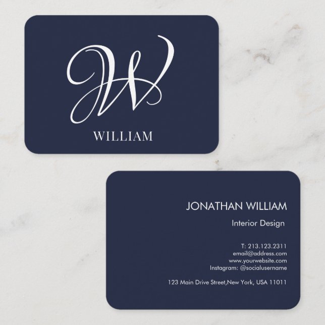 Initial Personalised Elegant Navy BlueMonogram  Business Card (Front/Back)