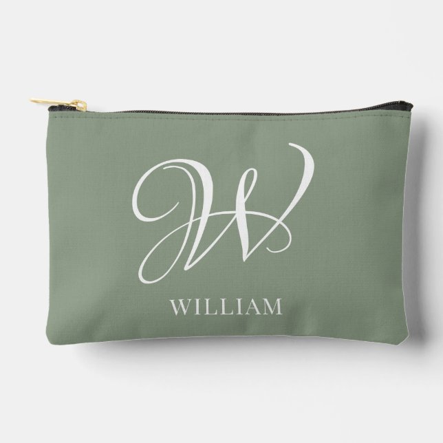 Initial Personalised Elegant Sage Green Monogram  Accessory Pouch (Front)
