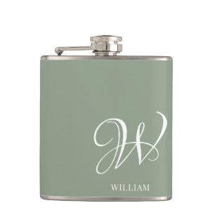 Initial Personalised Elegant Sage Green Monogram Hip Flask