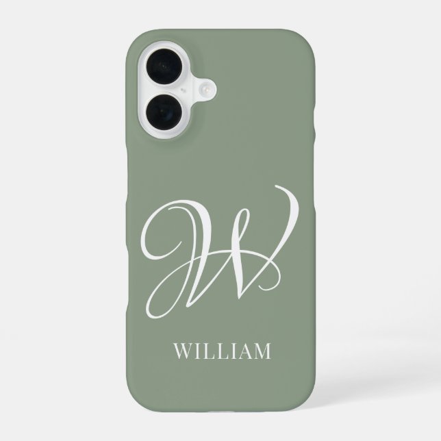 Initial Personalised Elegant Sage Green Monogram  iPhone 16 Case (Back)