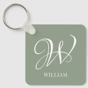 Initial Personalised Elegant Sage Green Monogram  Key Ring