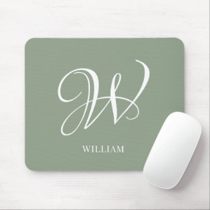 Initial Personalised Elegant Sage Green Monogram  Mouse Pad
