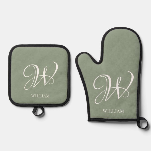 Initial Personalised Elegant Sage Green Monogram  Oven Mitt & Pot Holder Set (Front)