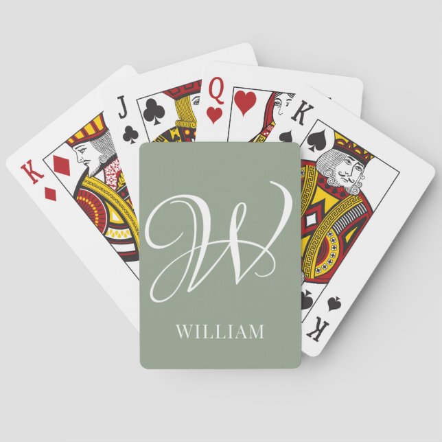 Initial Personalised Elegant Sage Green Monogram  Playing Cards (Back)