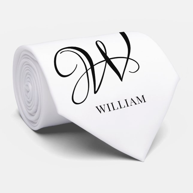 Initial Personalised Elegant White Monogram  Tie (Rolled)
