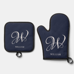 Initial Personalized Elegant Navy Blue Monogram Oven Mitt & Pot Holder Set