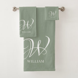 Initial Personalized Elegant Sage Green Monogram  Bath Towel Set