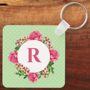 Initial Pink Rose Red White Petunia Polka Dots Key Ring