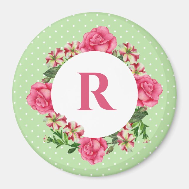 Initial Pink Rose Red White Petunia Polka Dots Magnet (Front)
