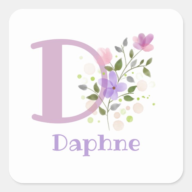 Initial Plus Name Daphne & Flowers Design Square Sticker (Front)