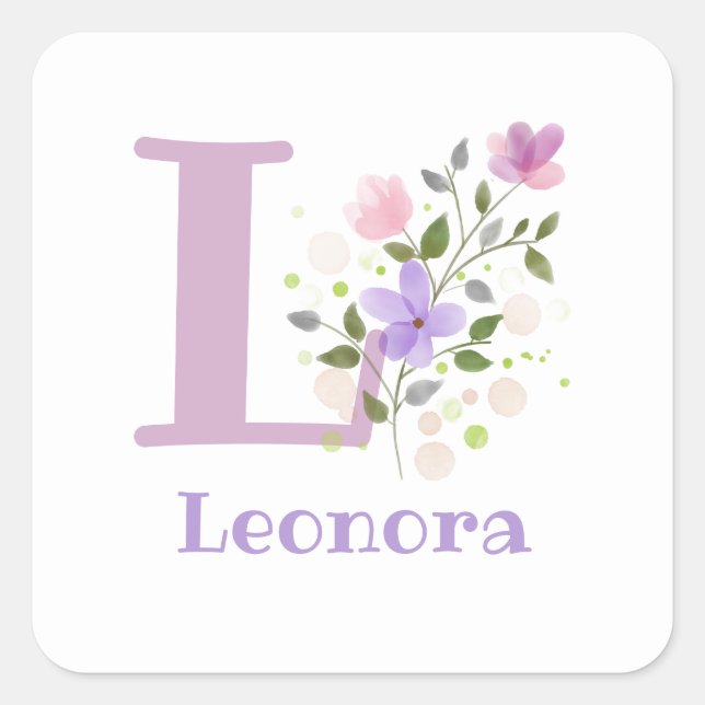 Initial Plus Name & Flowers Design Square Sticker (Front)