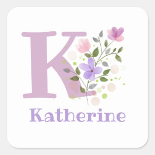 Initial Plus Name Katherine & Flowers Design Square Sticker