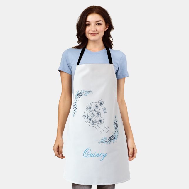 Initial "Q" Blue Monogram Calm Floral Apron (Worn)