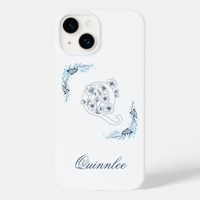 Initial "Q" Blue Monogram Calm Floral Case-Mate iPhone Case (Back)