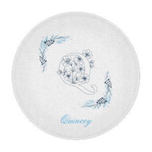 Initial "Q" Blue Monogram Calm Floral Cutting Board