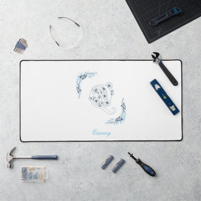 Initial "Q" Blue Monogram Calm Floral Desk Mat (Workstation)