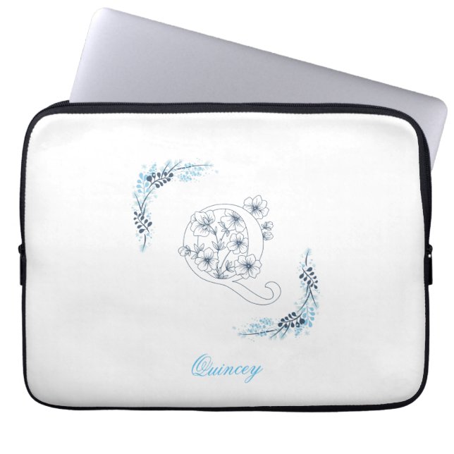 Initial "Q" Blue Monogram Calm Floral Laptop Sleeve (Front)