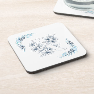 Initial "R" Blue Monogram Calm Floral Coaster