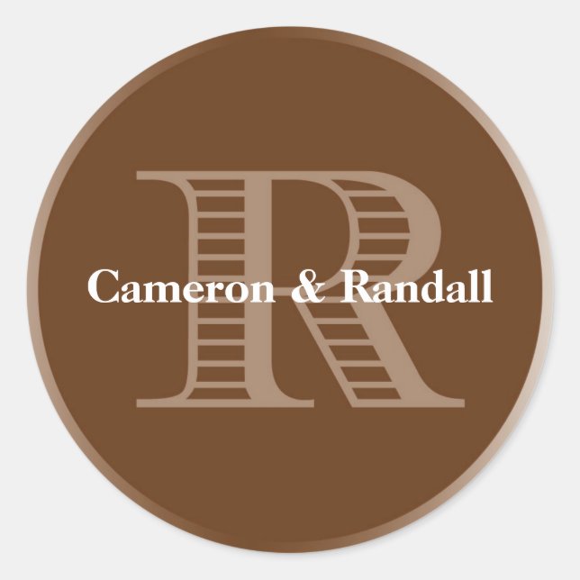 Initial R brown monogram name tag party favour (Front)
