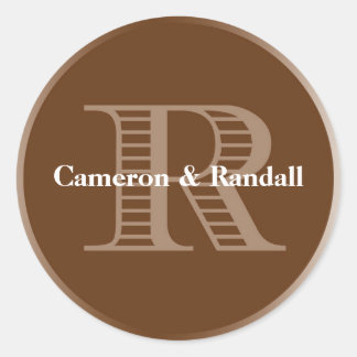 Initial R brown monogram name tag party favour