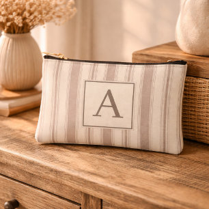 Initial Rustic Farmhouse Striped Beige & Taupe Accessory Pouch