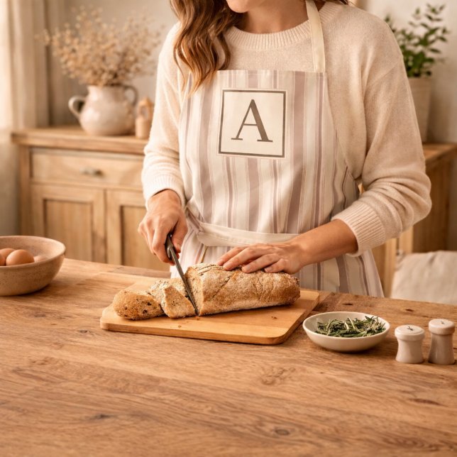 Initial Rustic Farmhouse Striped Beige & Taupe Apron (Creator Uploaded)